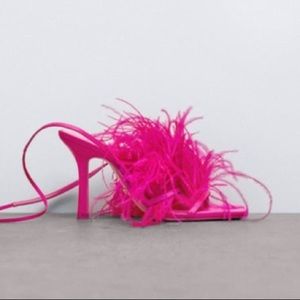 Zara Pink Fuchsia Feather Lace Up Sandal Heel 8